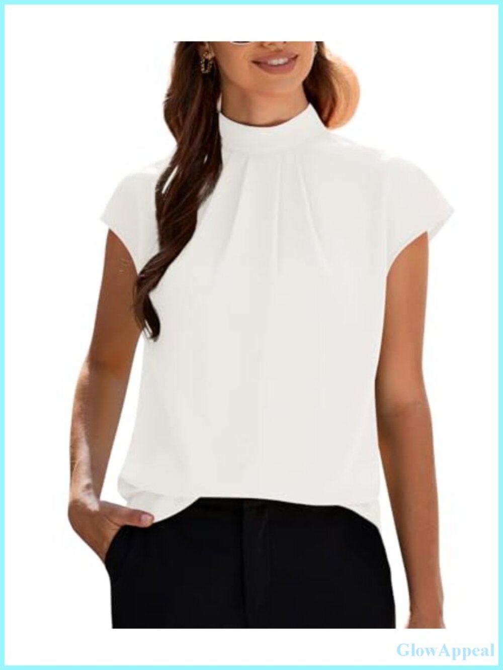 Womens Chiffon Blouse Mock Neck Cap Sleeve Pleated Tunic Business Casual Work